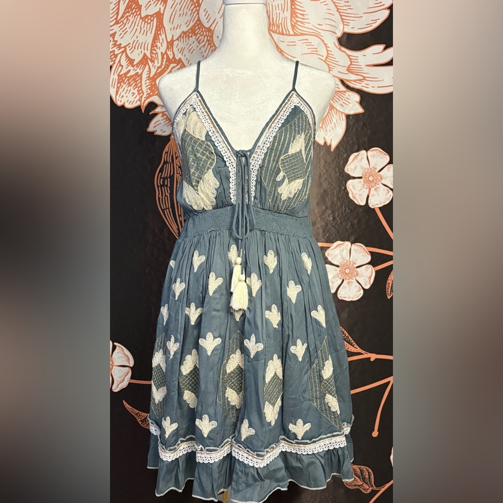 Papa Pia Dusty Blue Mini Dress with Cream Embroidery